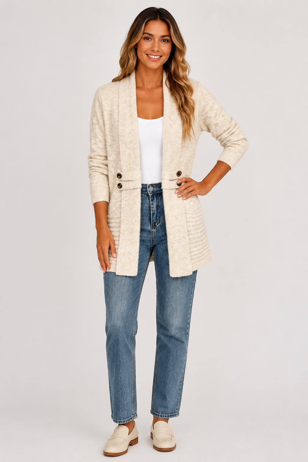 Eluneth | Cardigan Long Femme à Double Boutonnage avec Ceinture