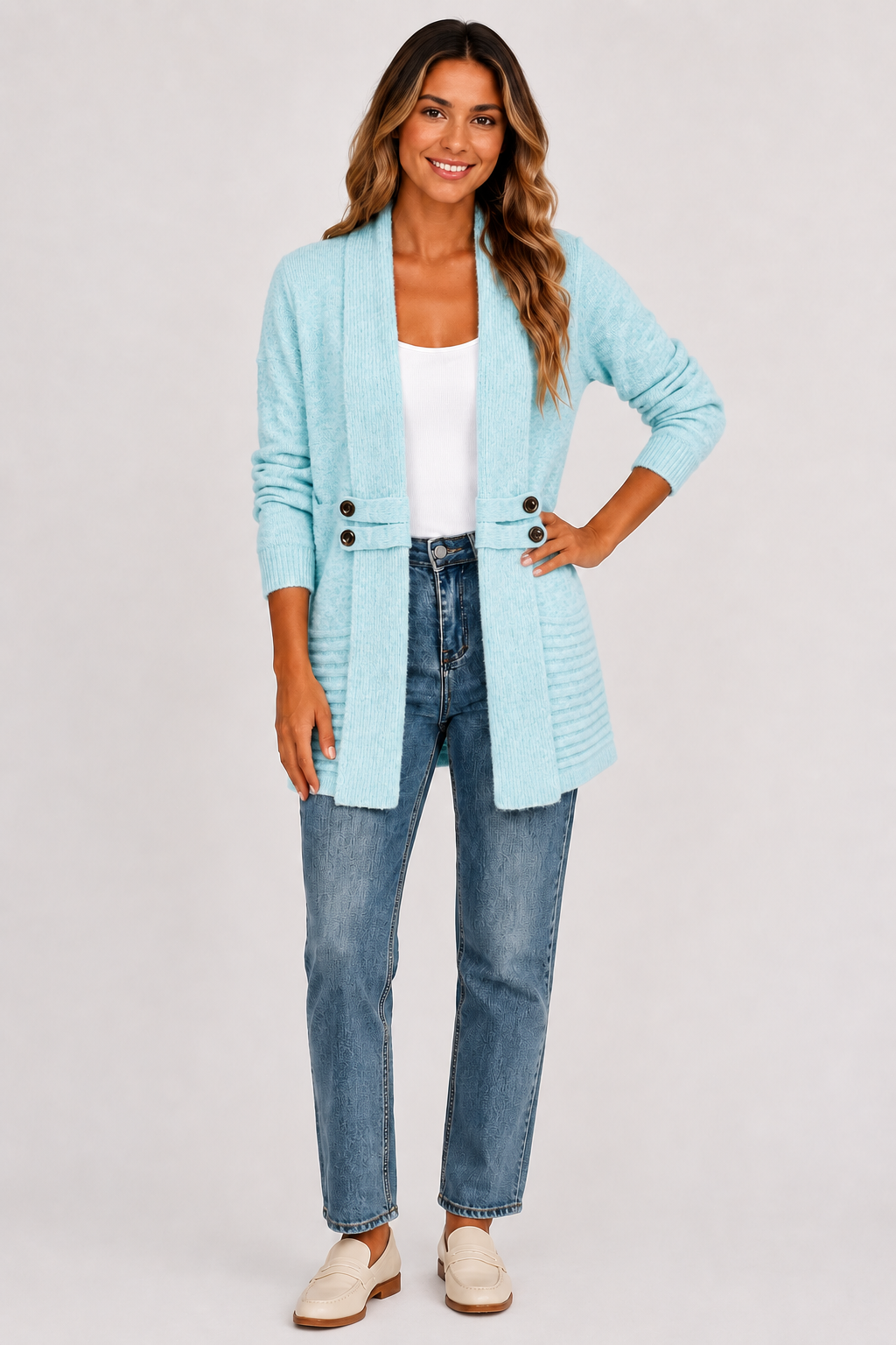 Eluneth | Cardigan Long Femme à Double Boutonnage avec Ceinture
