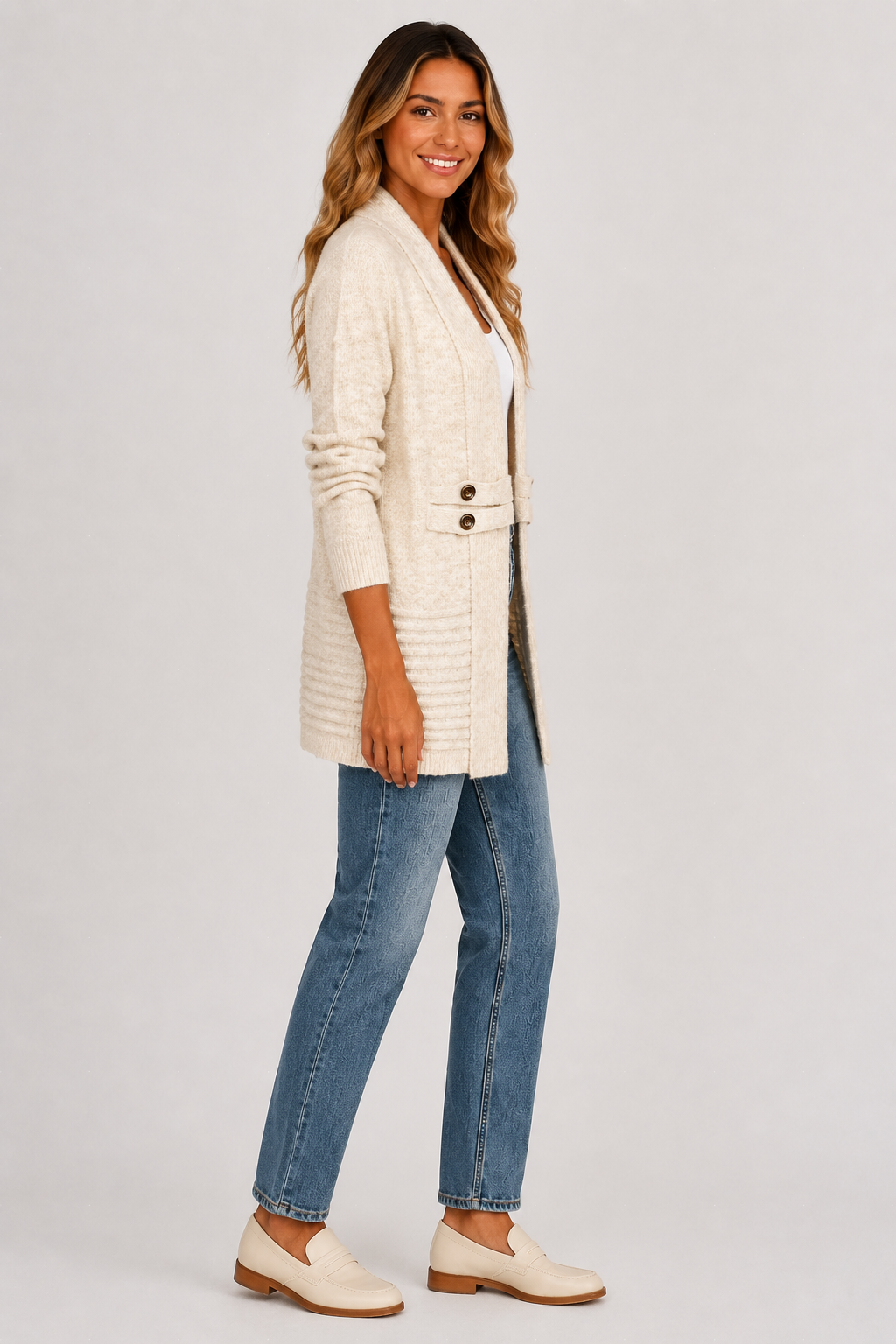 Eluneth | Cardigan Long Femme à Double Boutonnage avec Ceinture