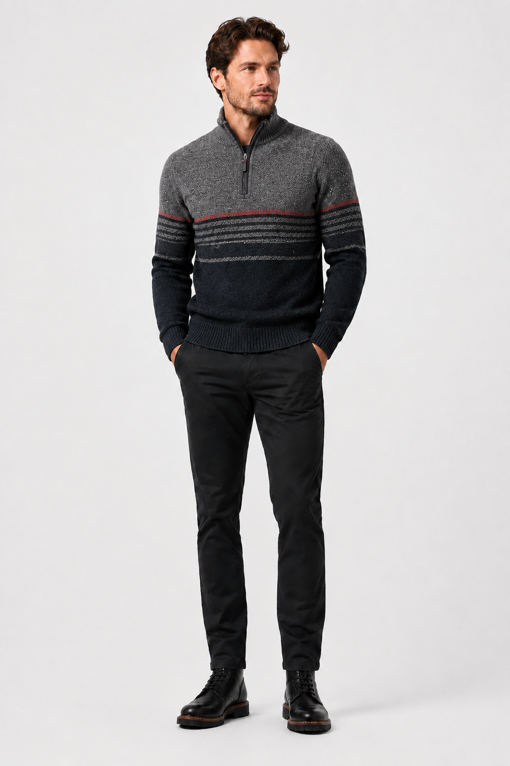 Eluneth | Pull en Maille Jacquard Demi-Zip à Manches Longues pour Homme