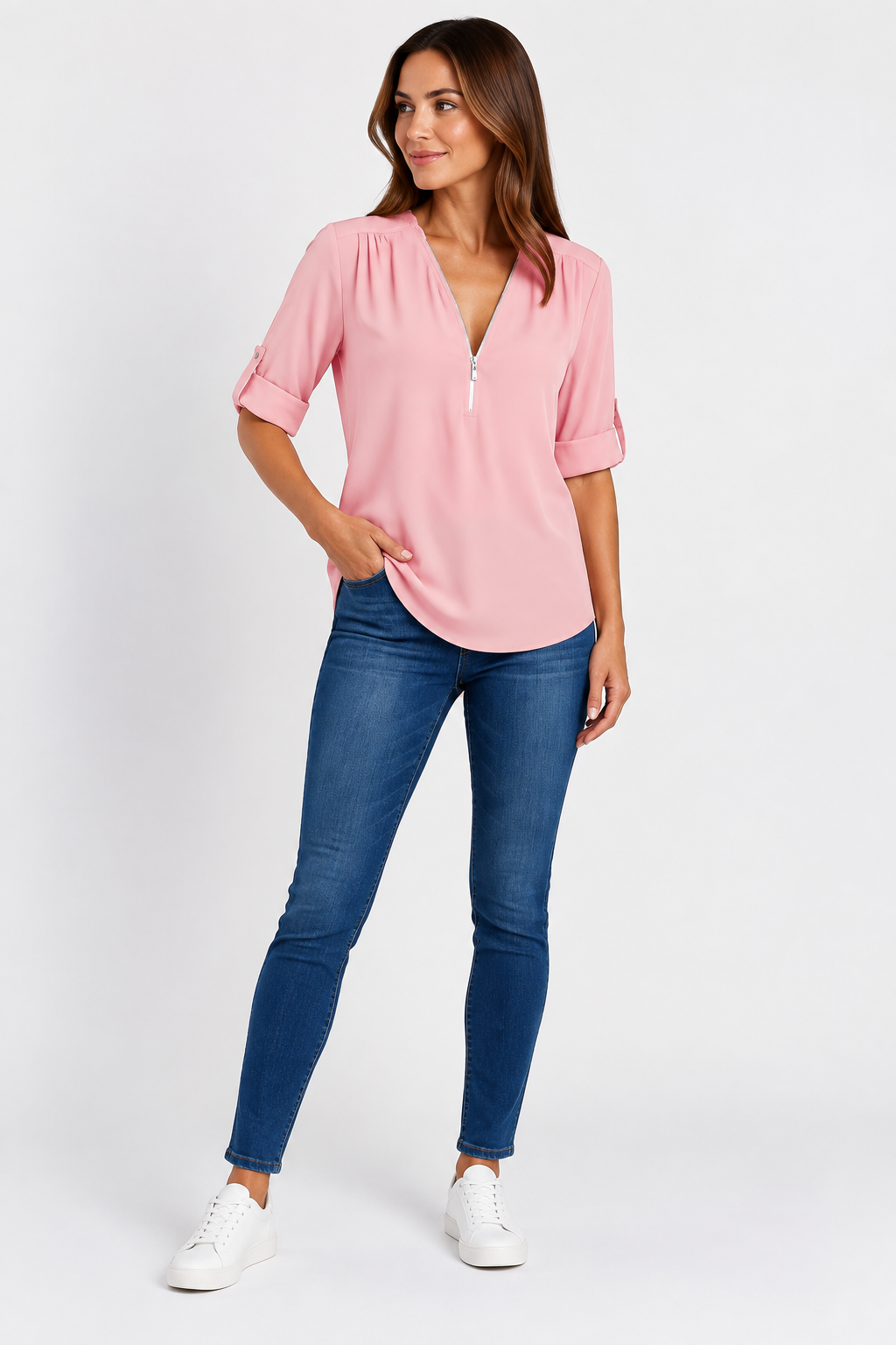 Eluneth | Chemisier Femme en Chiffon à Manches Longues avec Col V Zippé