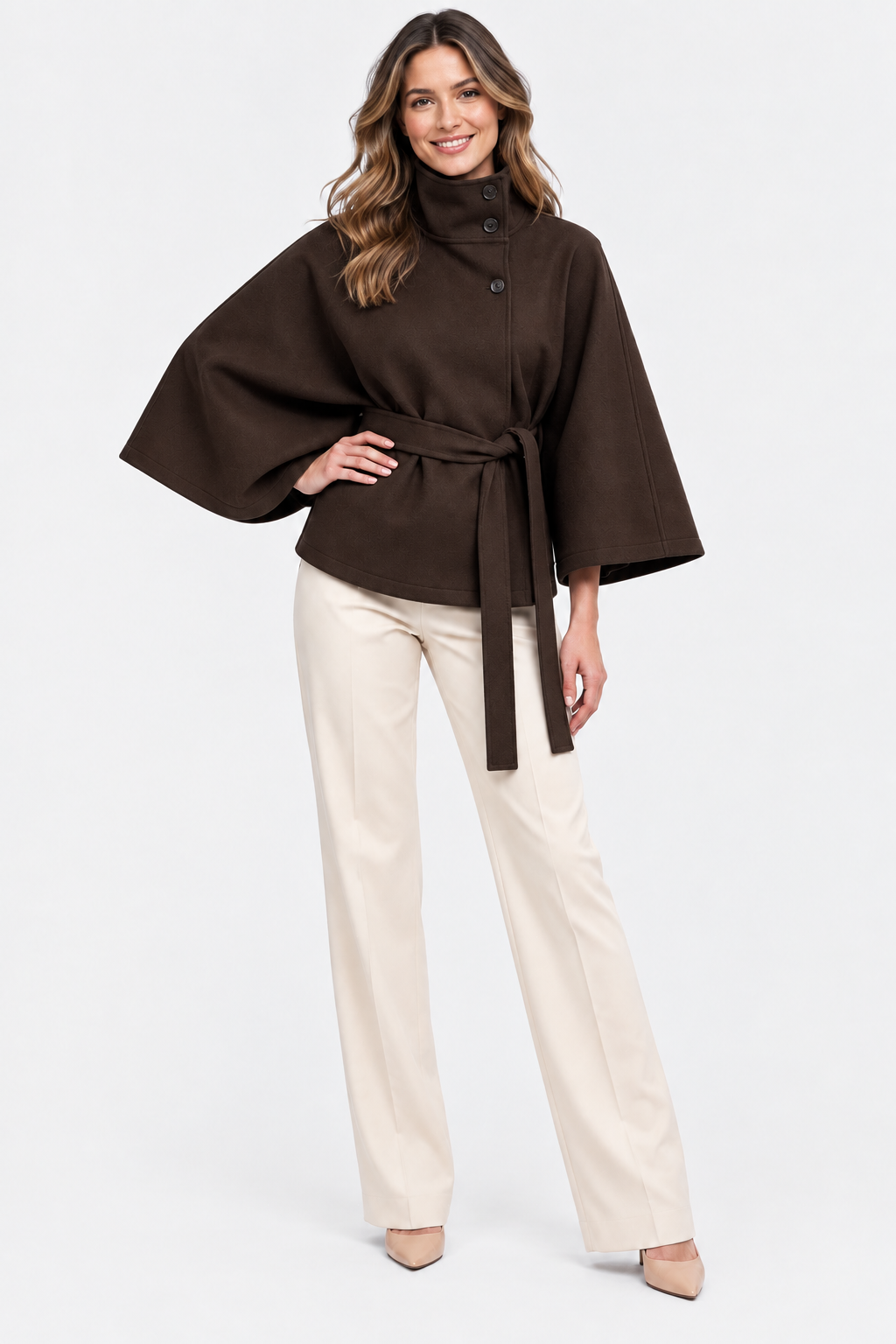 Eluneth | Cape Femme Élégante à Col Montant et Ceinture