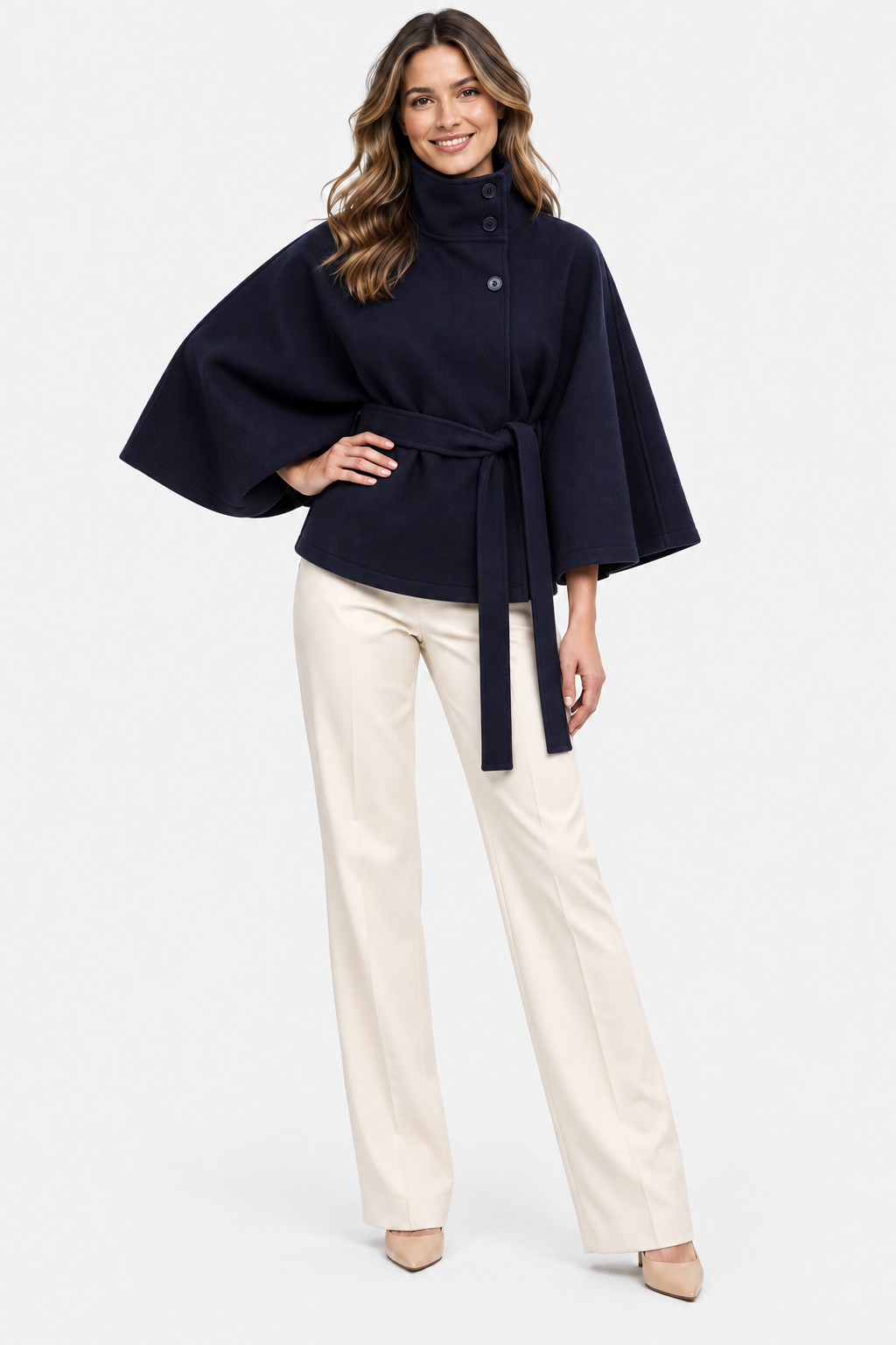 Eluneth | Cape Femme Élégante à Col Montant et Ceinture