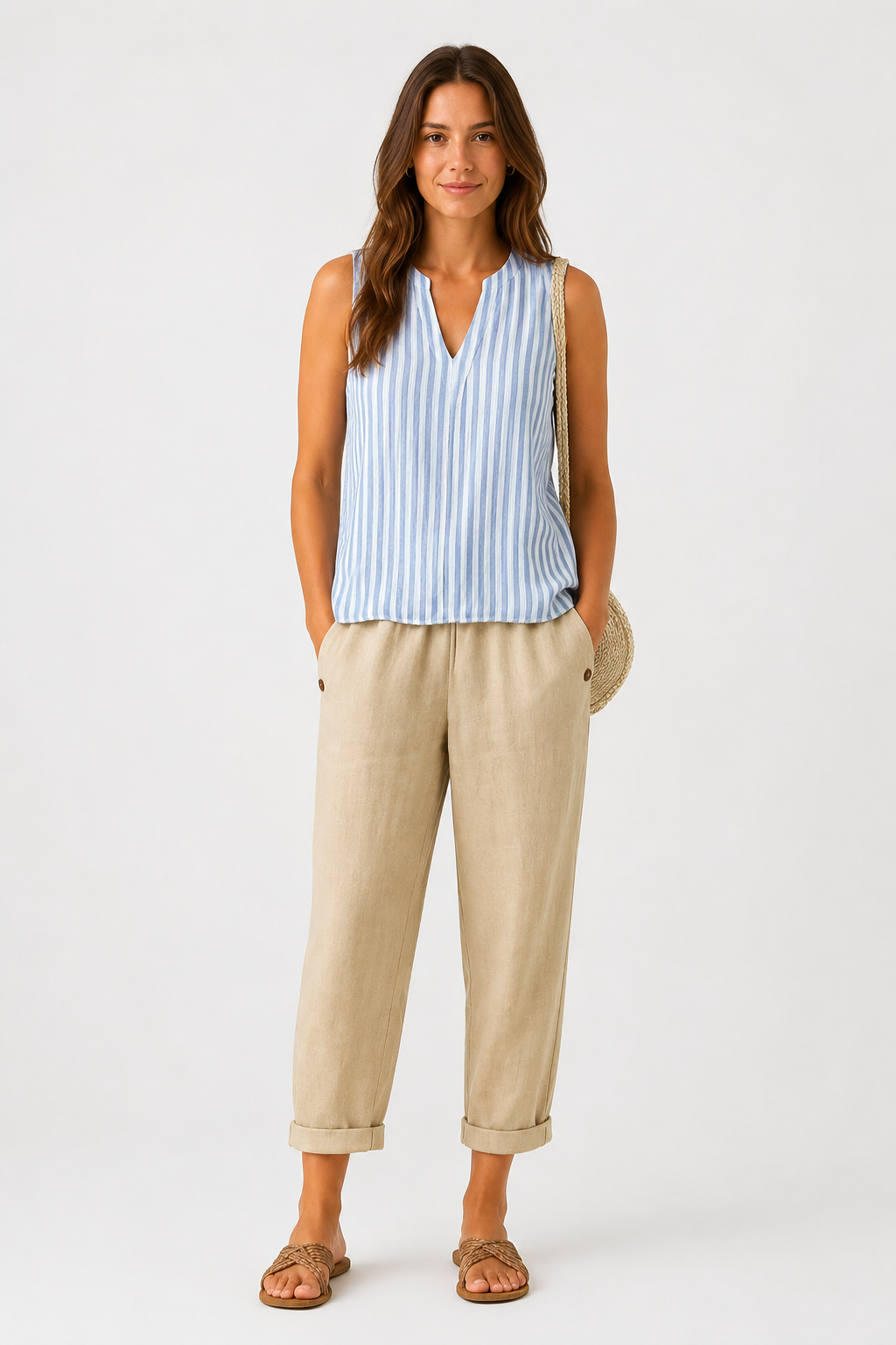 Eluneth | Pantalon Large Femme en Coton et Lin