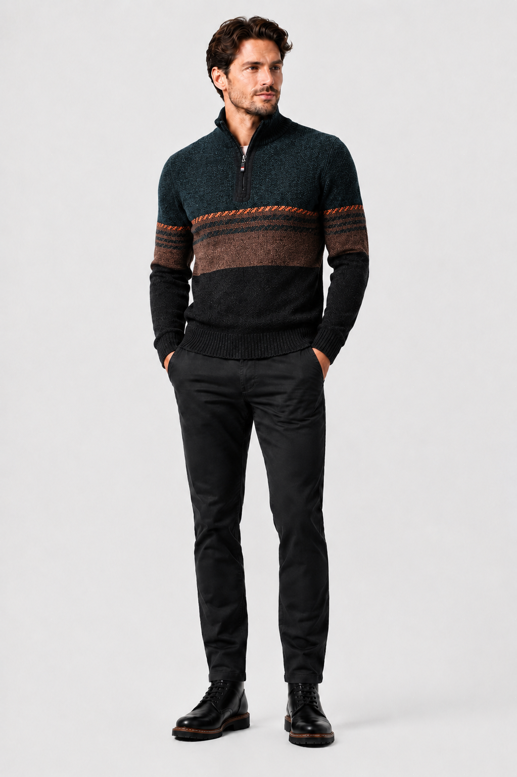 Eluneth | Pull en Maille Jacquard Demi-Zip à Manches Longues pour Homme