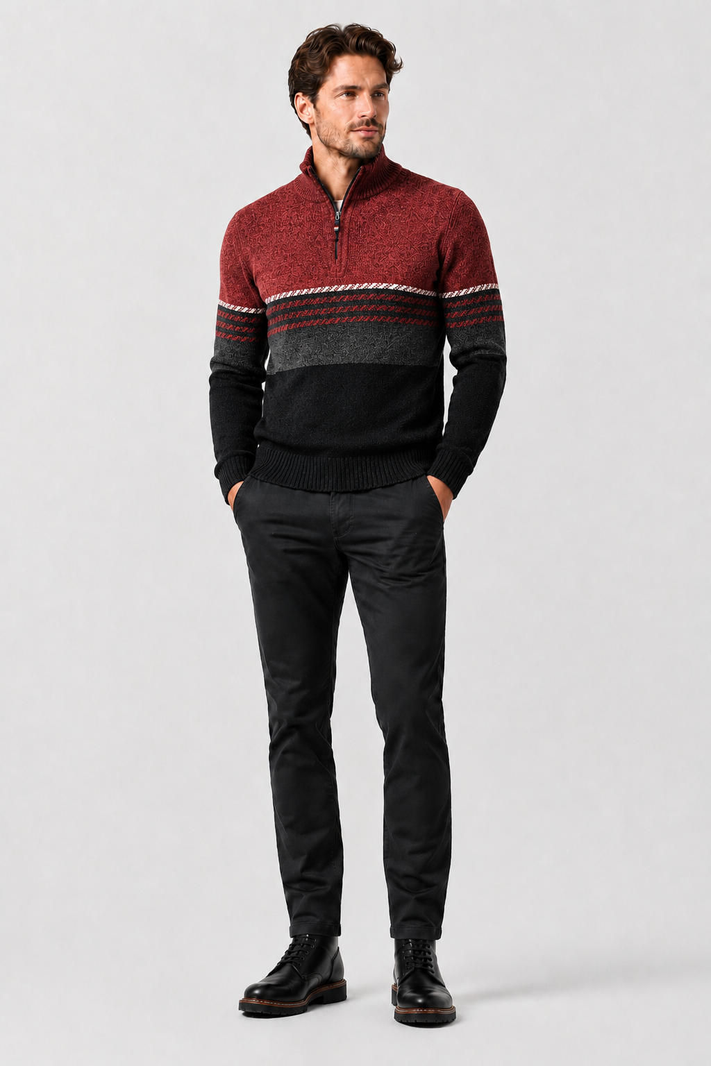 Eluneth | Pull en Maille Jacquard Demi-Zip à Manches Longues pour Homme