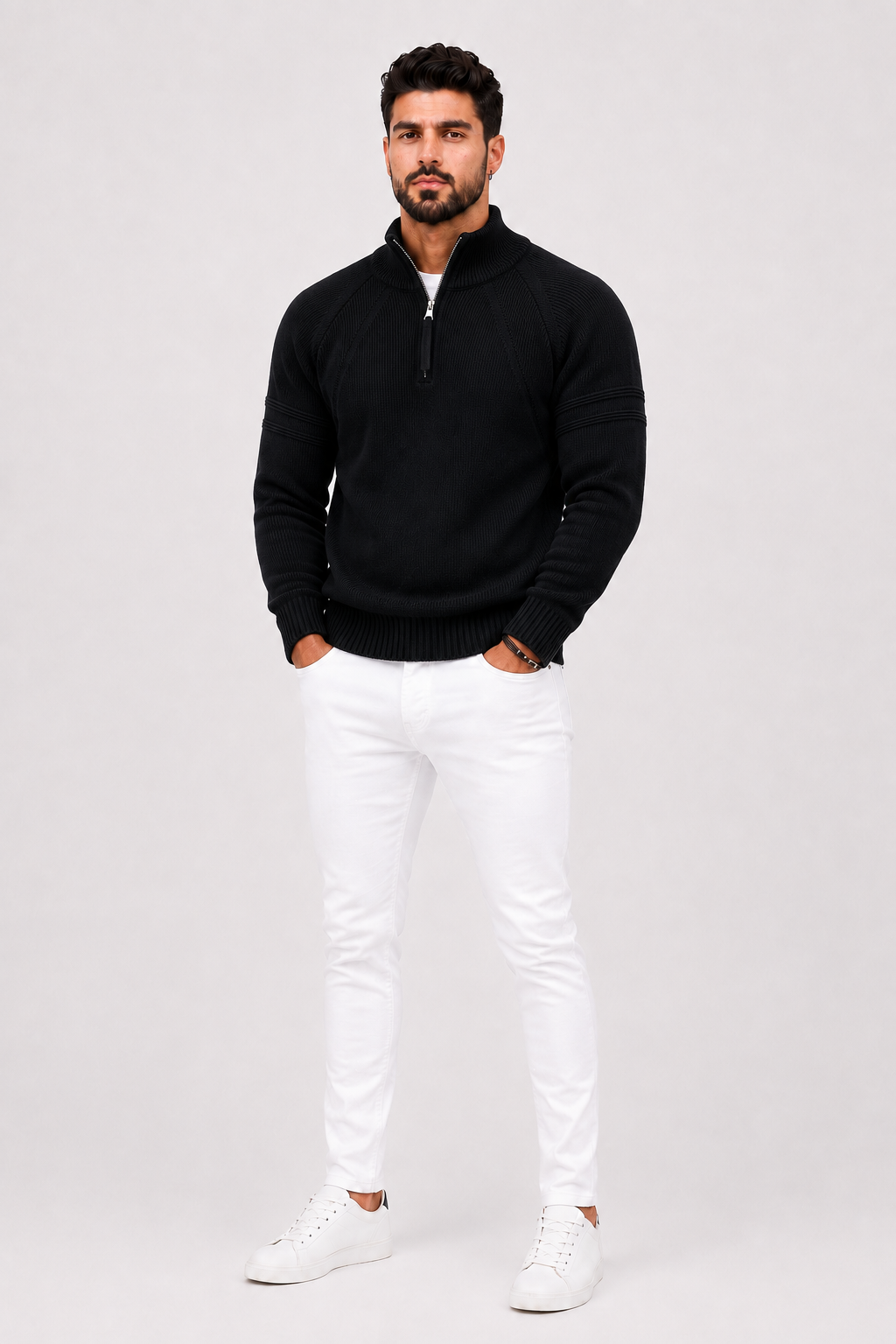 Eluneth | Pull ajusté à col zippé et finitions côtelées texturées pour homme