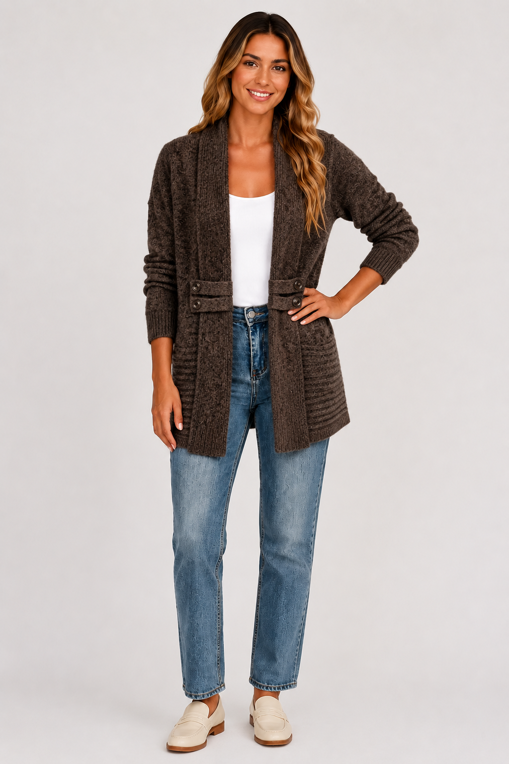 Eluneth | Cardigan Long Femme à Double Boutonnage avec Ceinture