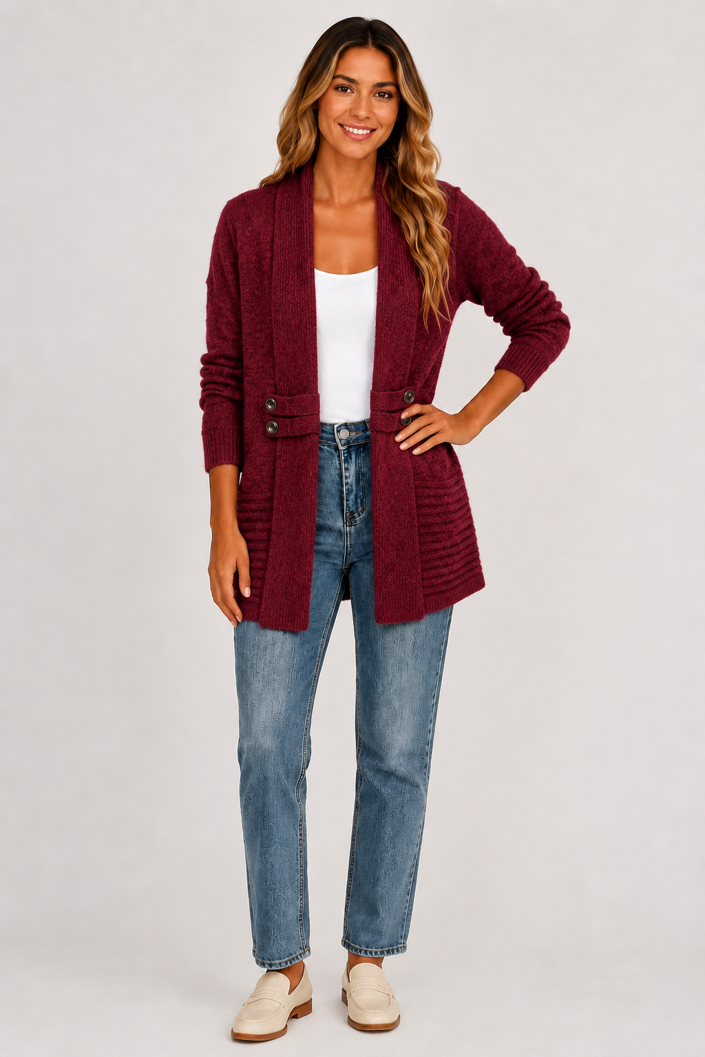 Eluneth | Cardigan Long Femme à Double Boutonnage avec Ceinture