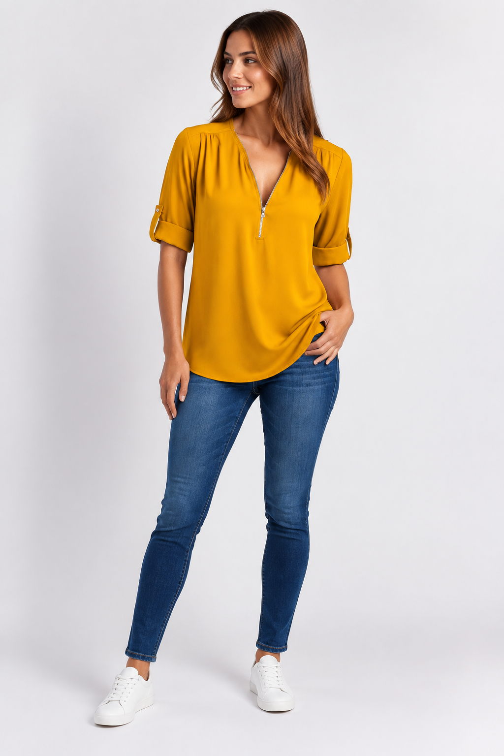 Eluneth | Chemisier Femme en Chiffon à Manches Longues avec Col V Zippé