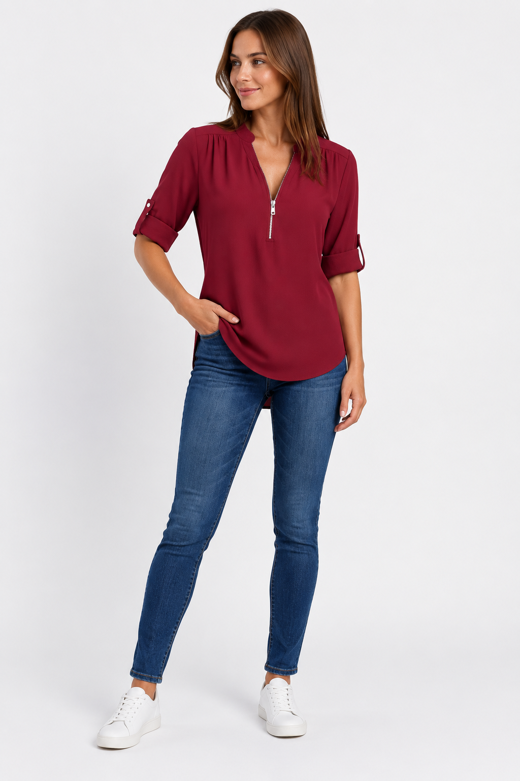 Eluneth | Chemisier Femme en Chiffon à Manches Longues avec Col V Zippé