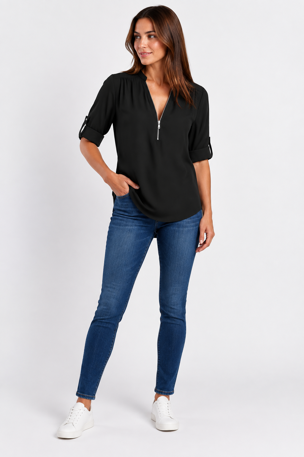 Eluneth | Chemisier Femme en Chiffon à Manches Longues avec Col V Zippé