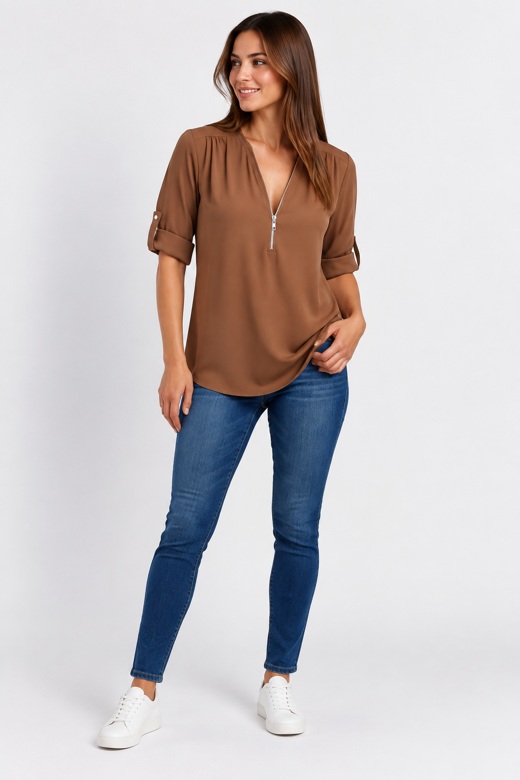 Eluneth | Chemisier Femme en Chiffon à Manches Longues avec Col V Zippé
