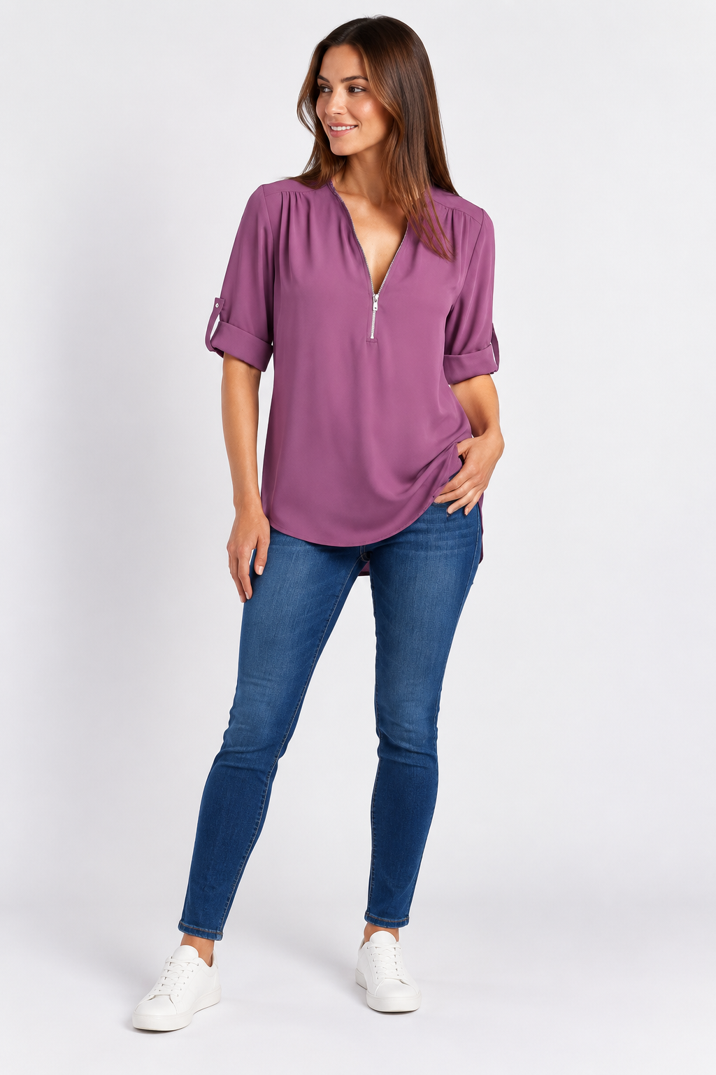Eluneth | Chemisier Femme en Chiffon à Manches Longues avec Col V Zippé