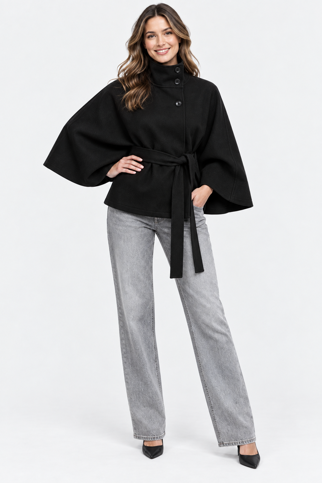 Eluneth | Cape Femme Élégante à Col Montant et Ceinture