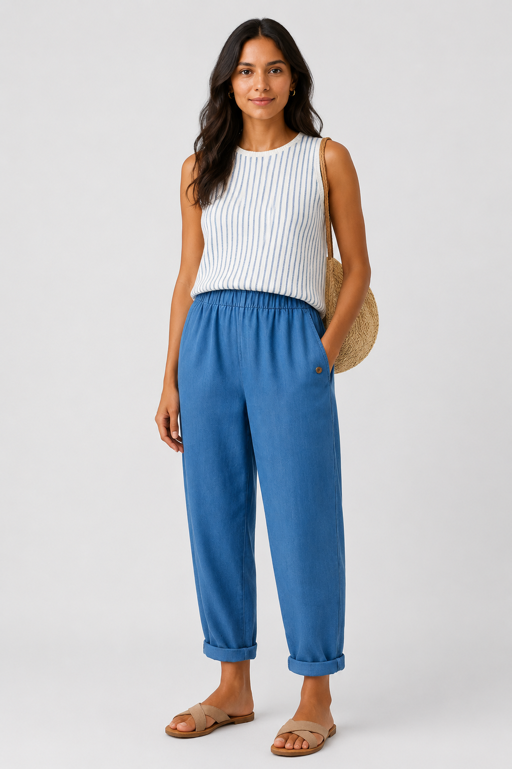 Eluneth | Pantalon Large Femme en Coton et Lin