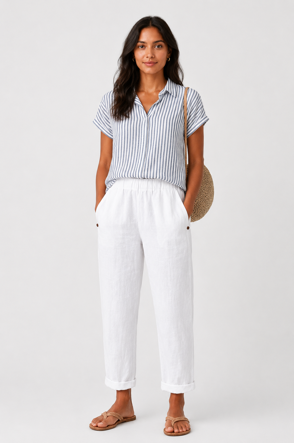 Eluneth | Pantalon Large Femme en Coton et Lin