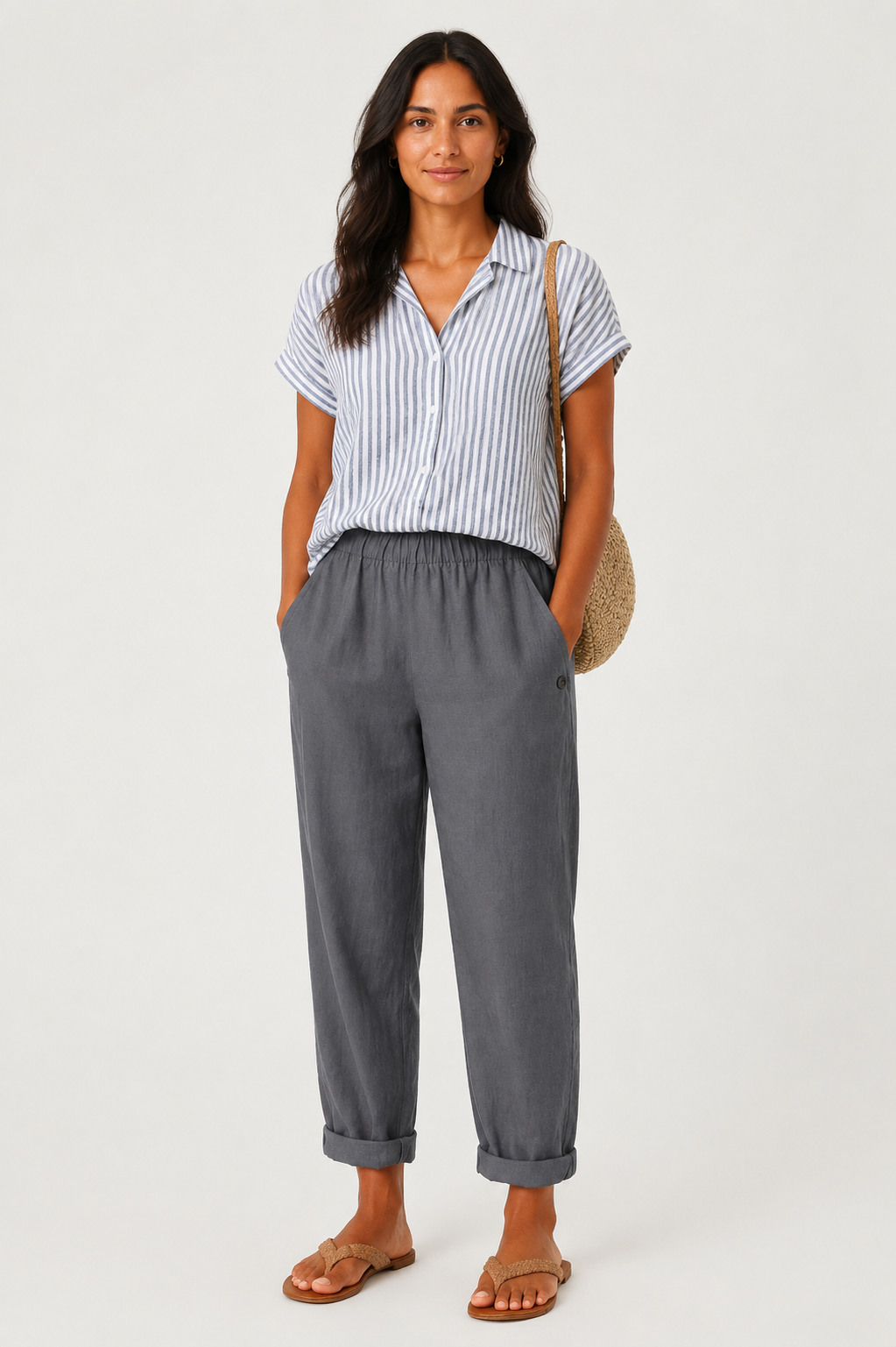 Eluneth | Pantalon Large Femme en Coton et Lin