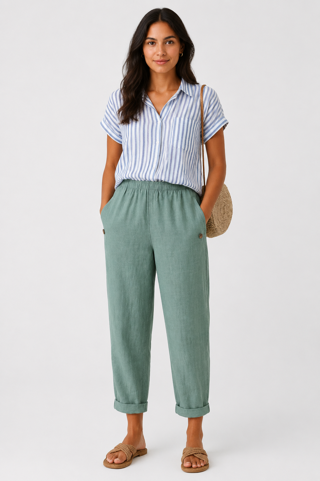 Eluneth | Pantalon Large Femme en Coton et Lin