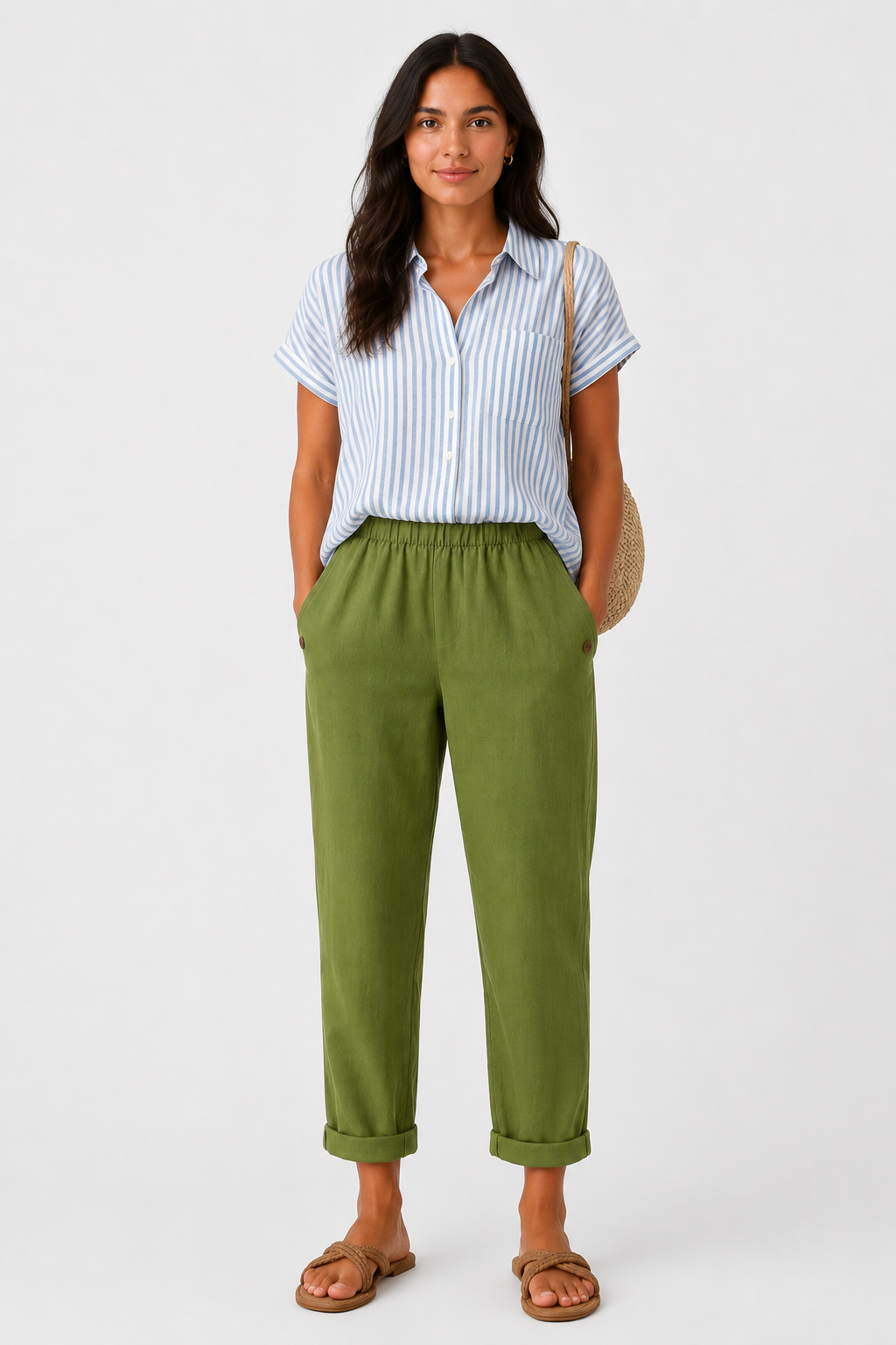 Eluneth | Pantalon Large Femme en Coton et Lin