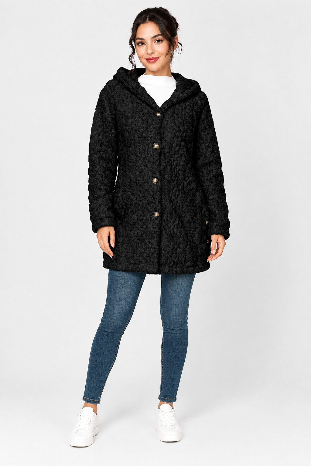 Eluneth | Manteau Cardigan Jacquard Doux à Capuche Femme