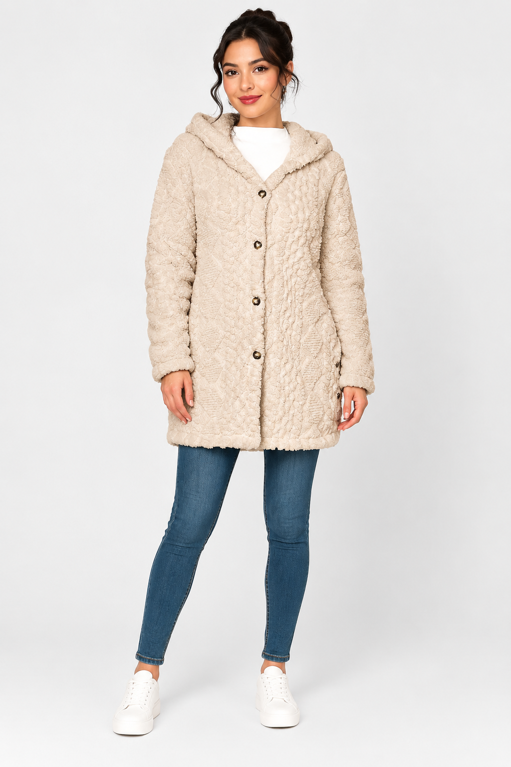 Eluneth | Manteau Cardigan Jacquard Doux à Capuche Femme