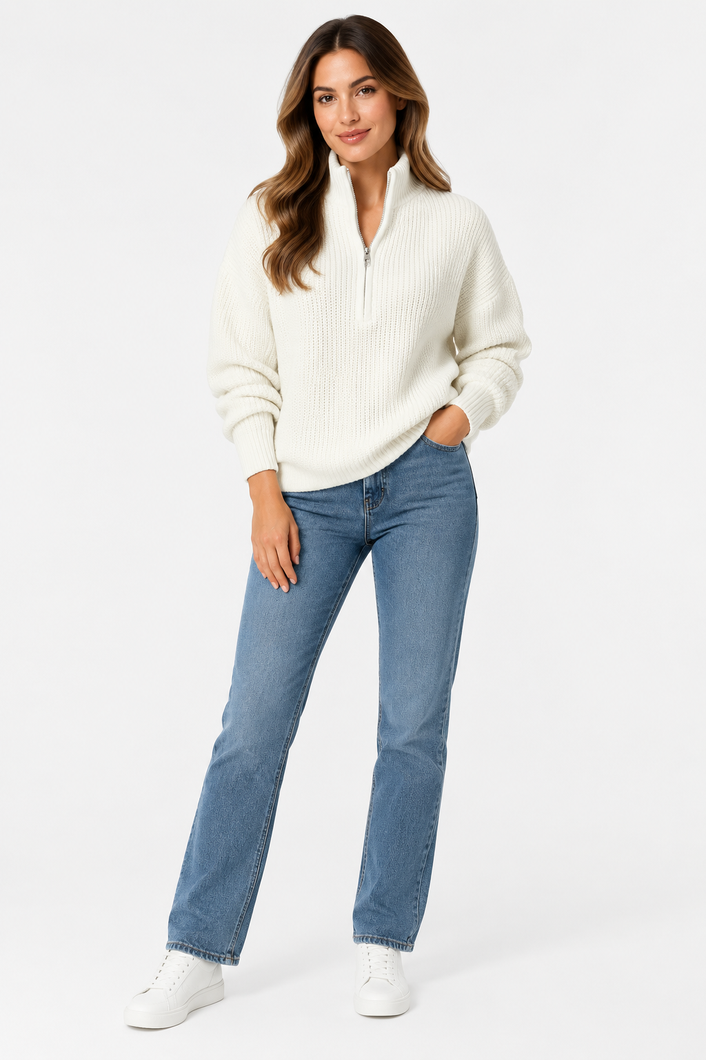 Eluneth | Pull Femme Doux à Col V Zippé et Coupe Ample