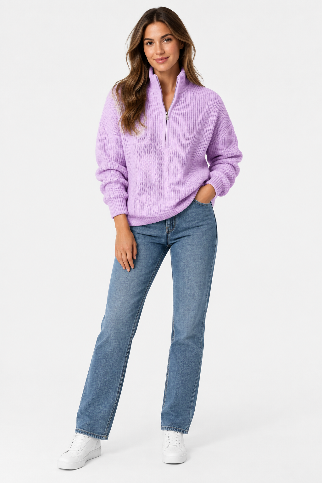 Eluneth | Pull Femme Doux à Col V Zippé et Coupe Ample