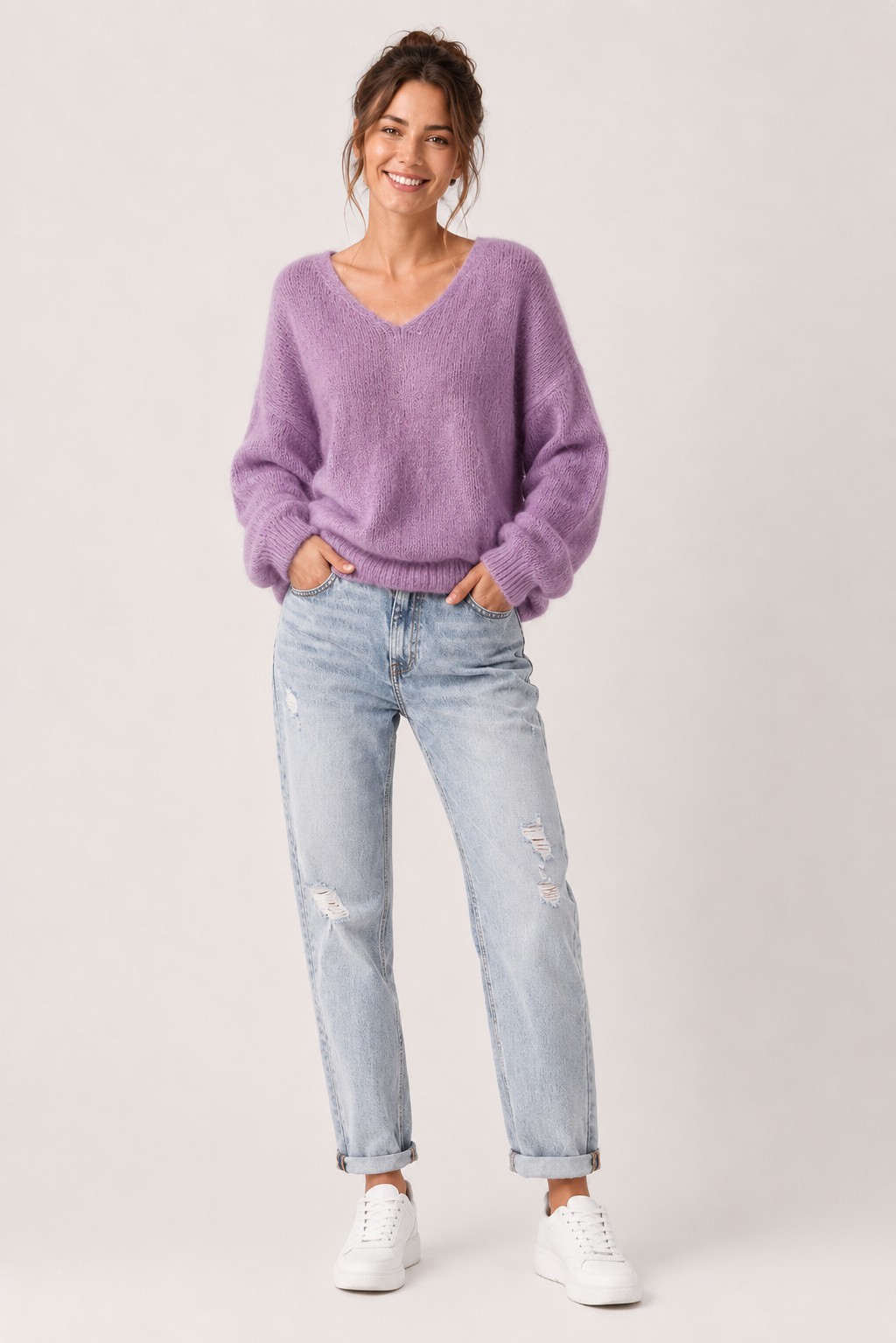 Eluneth | Pull Femme Élégant en Mohair à Col V Profond
