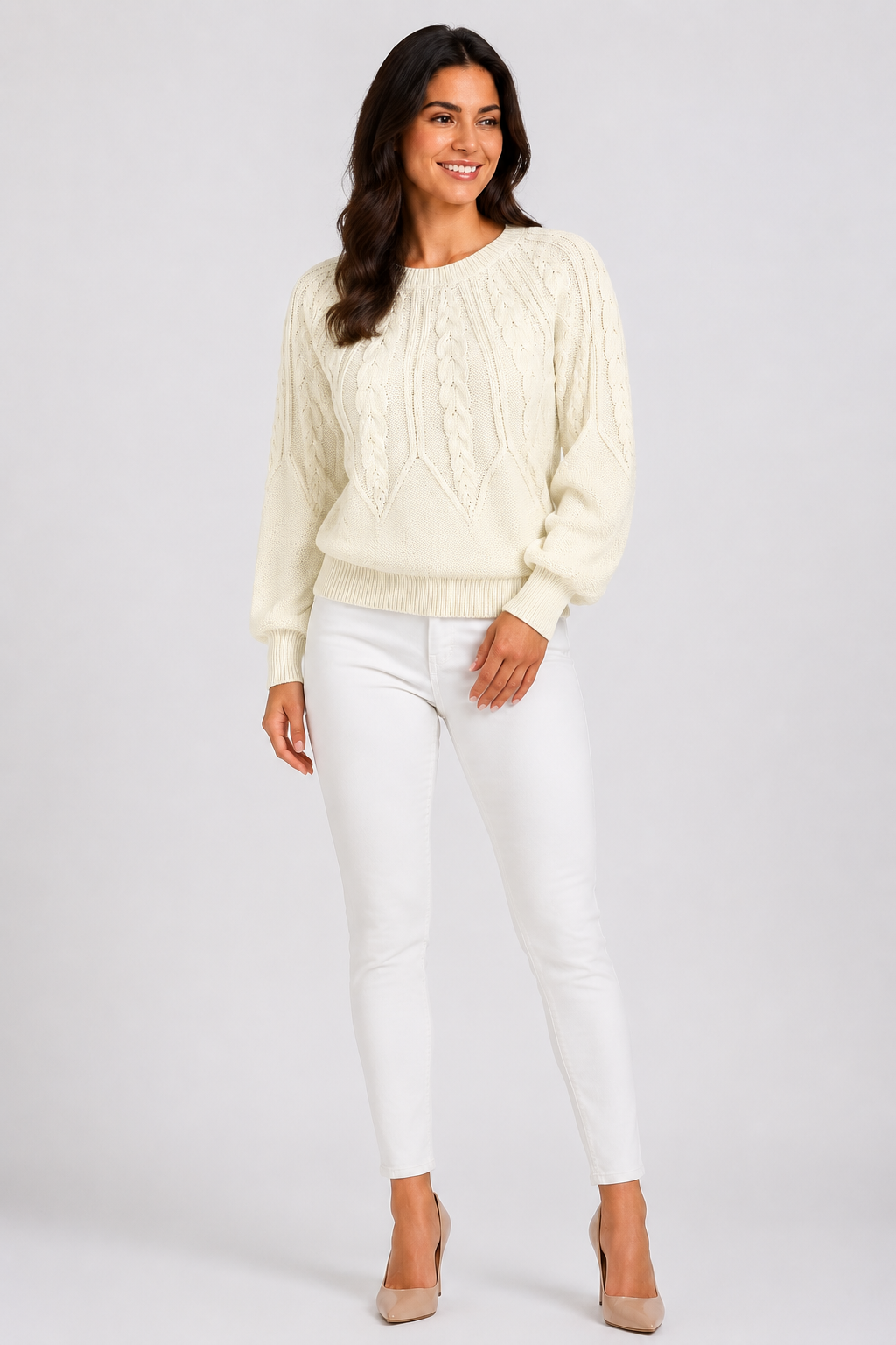 Eluneth | Pull Femme Texturé à Col Rond avec Manches Lanternes