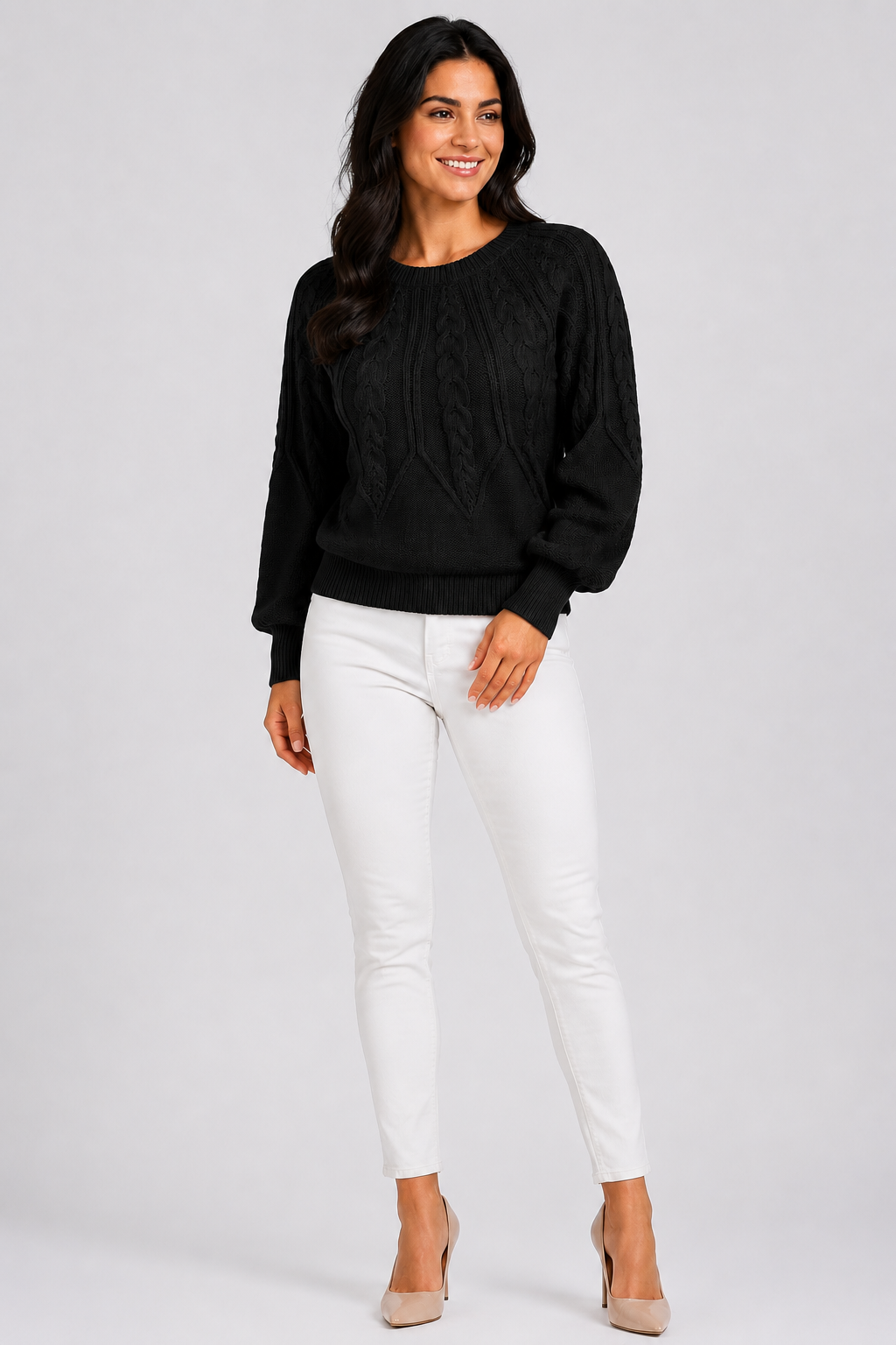 Eluneth | Pull Femme Texturé à Col Rond avec Manches Lanternes
