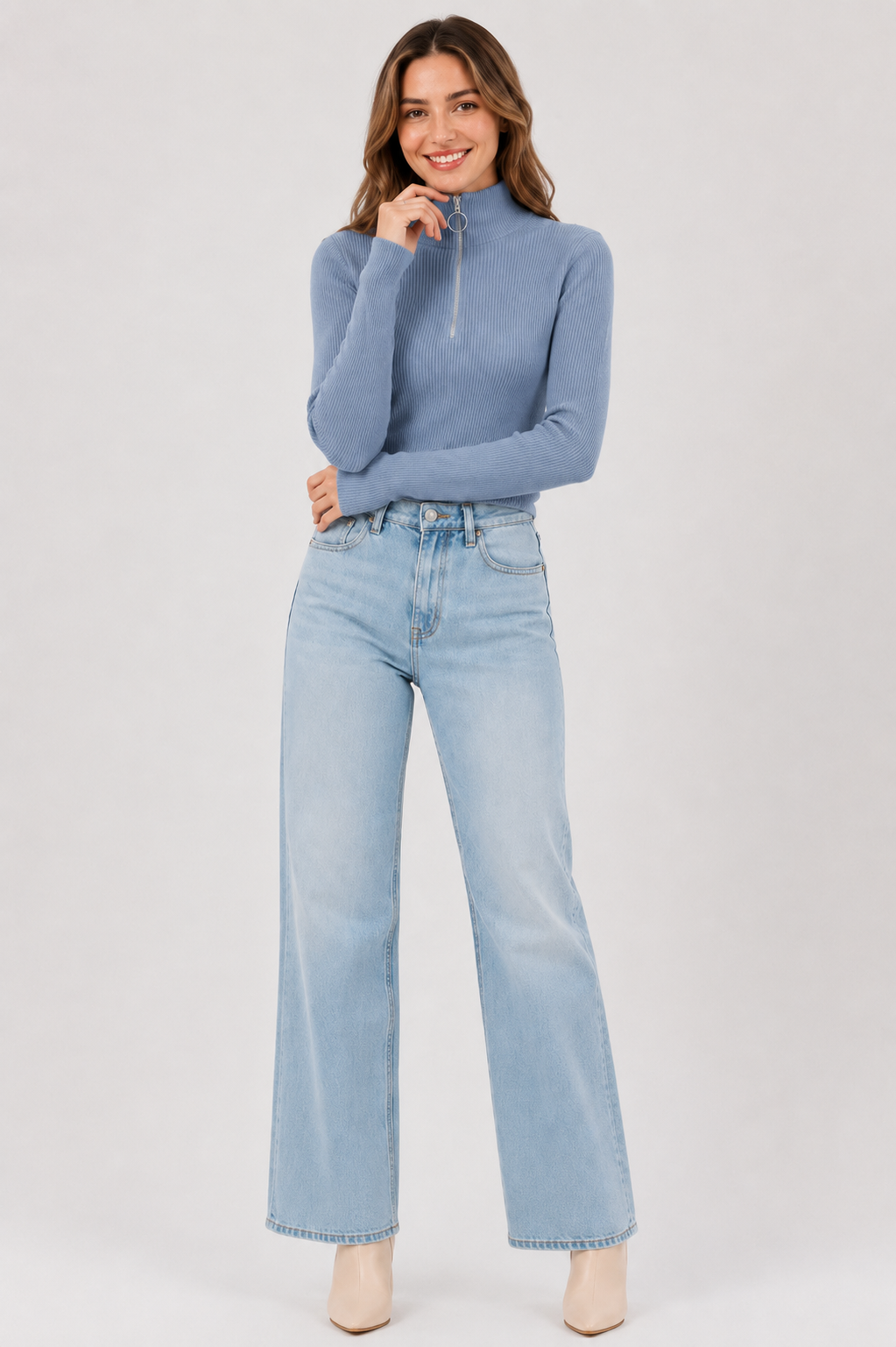 Eluneth | Pull Femme Zippé à Col Montant en Maille