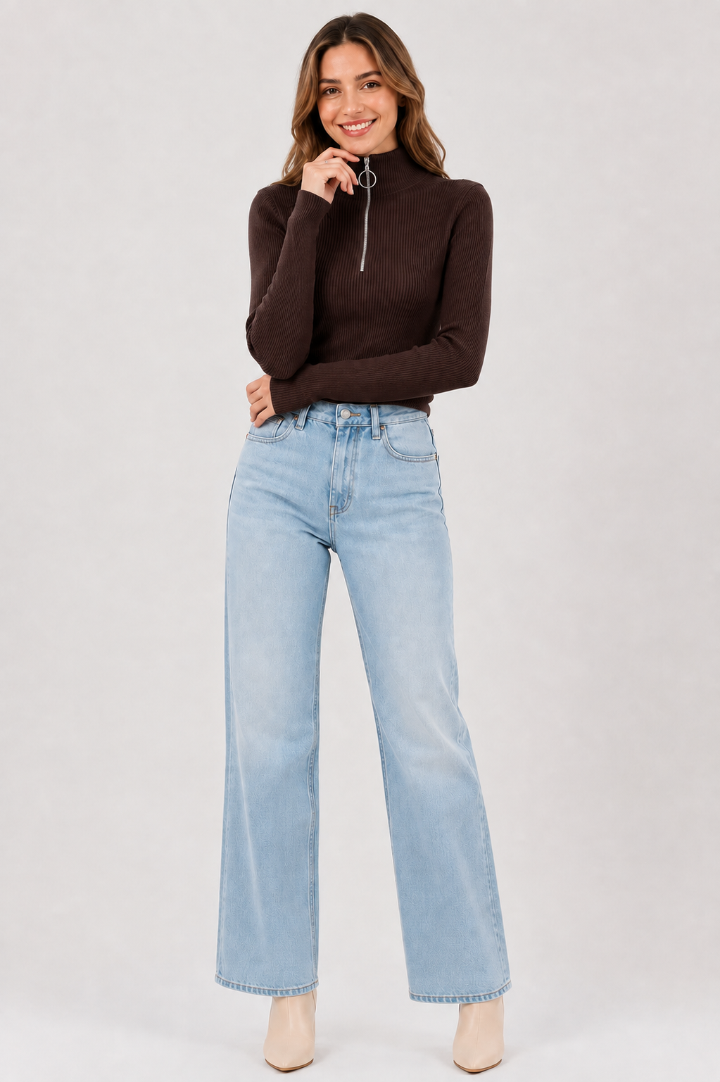 Eluneth | Pull Femme Zippé à Col Montant en Maille