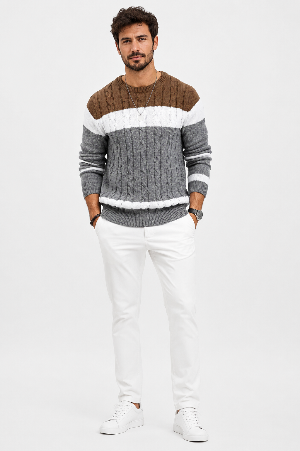 Eluneth | Pull Homme à Col Rond en Maille Torsadée Color Block