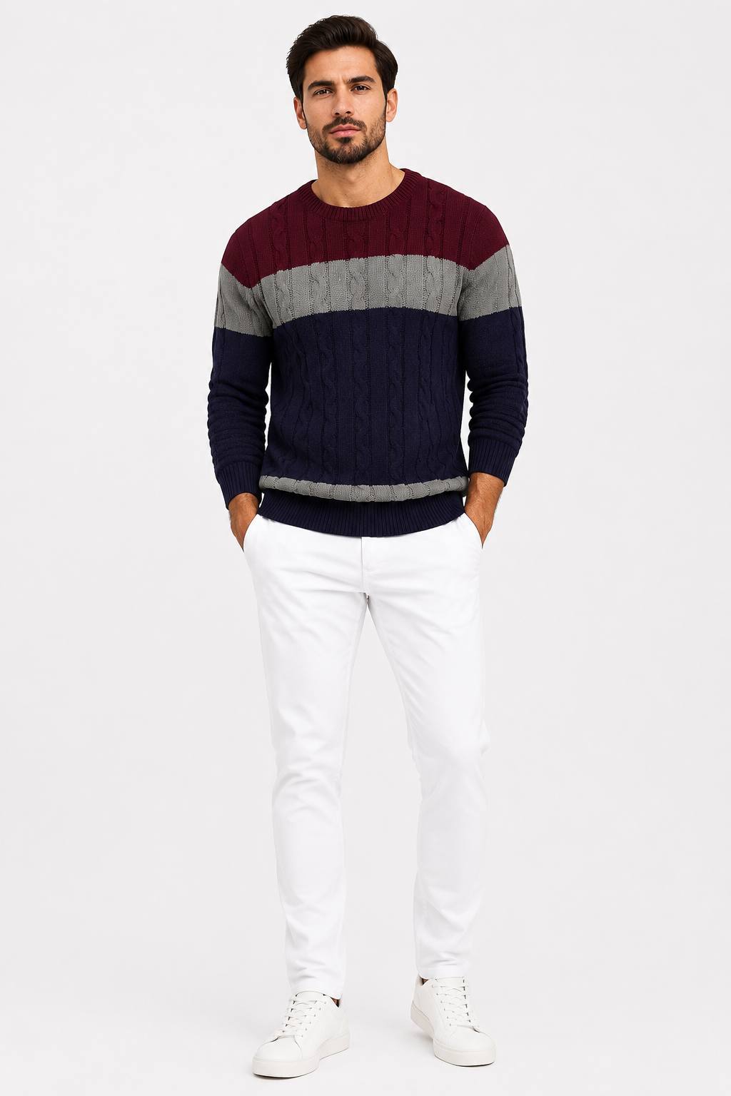 Eluneth | Pull Homme à Col Rond en Maille Torsadée Color Block