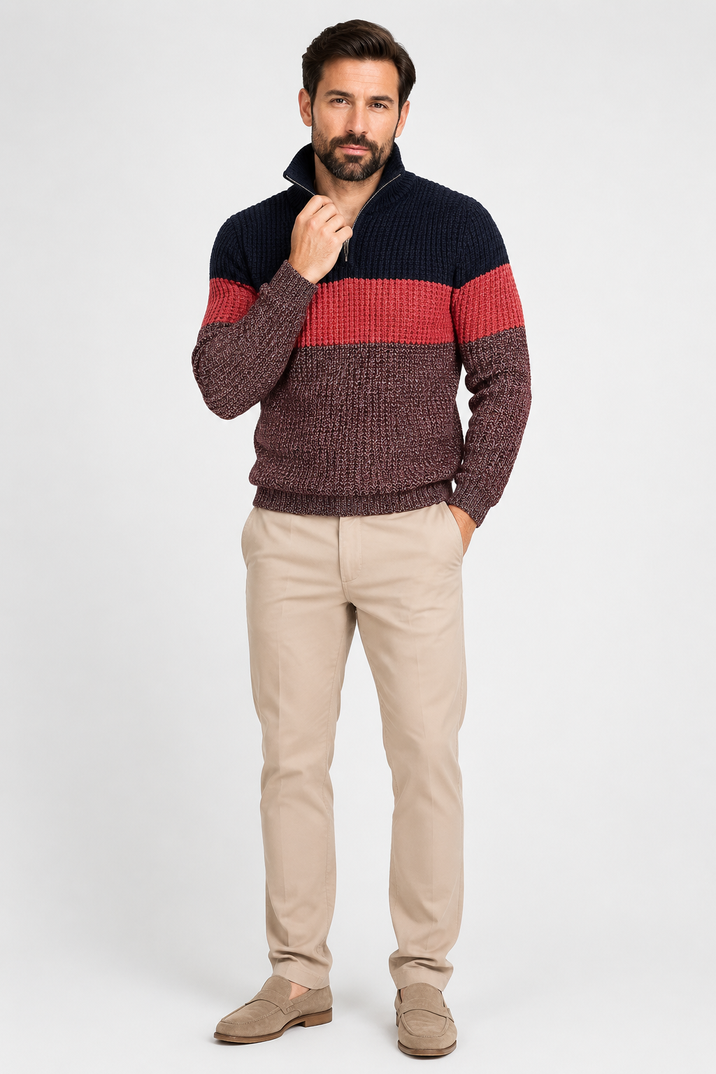 Eluneth | Pull Homme en Maille Côtelée avec Col Zippé