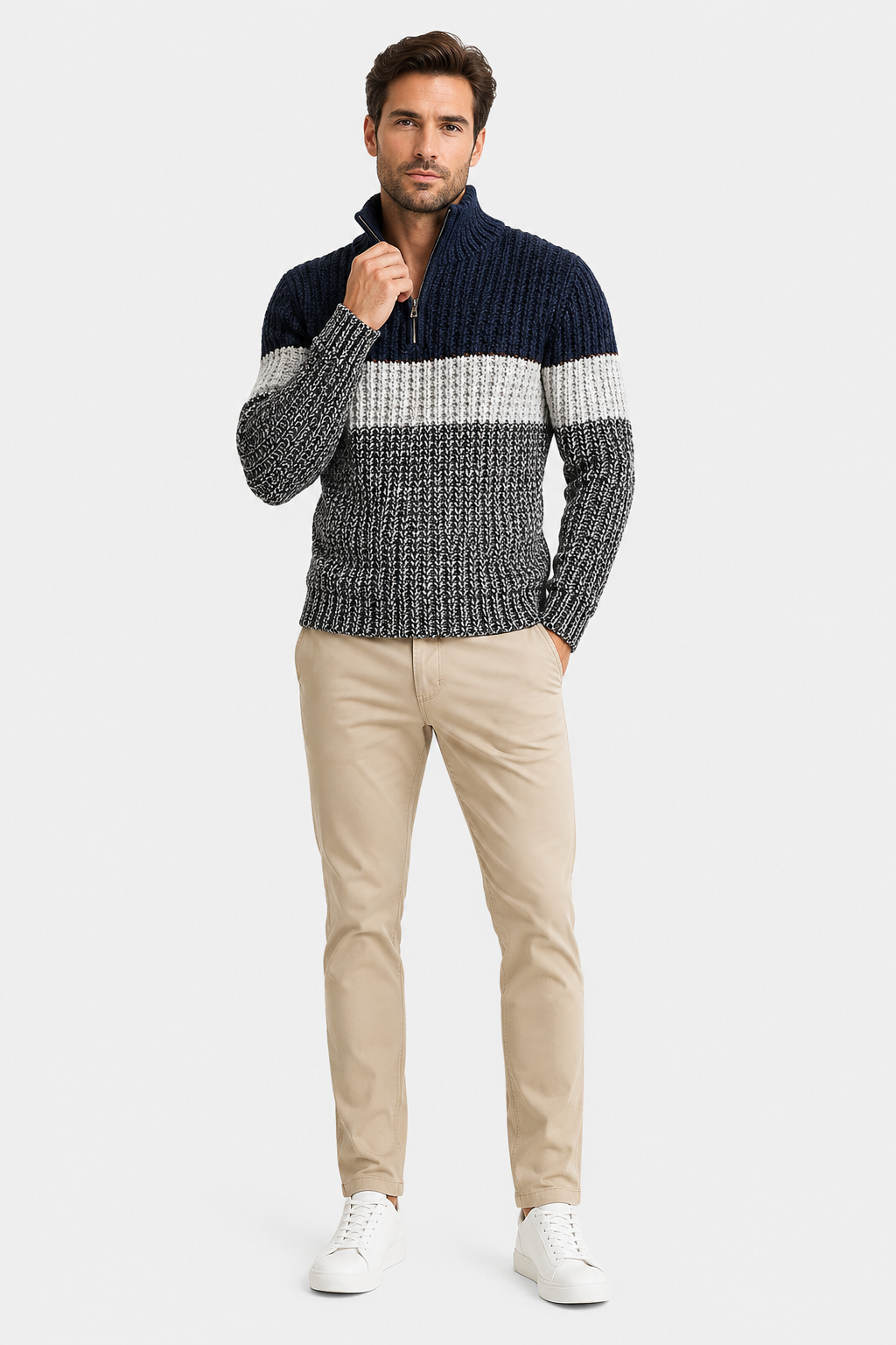 Eluneth | Pull Homme en Maille Côtelée avec Col Zippé