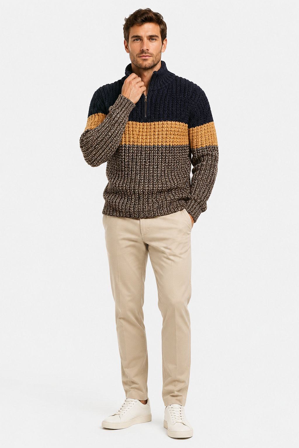 Eluneth | Pull Homme en Maille Côtelée avec Col Zippé