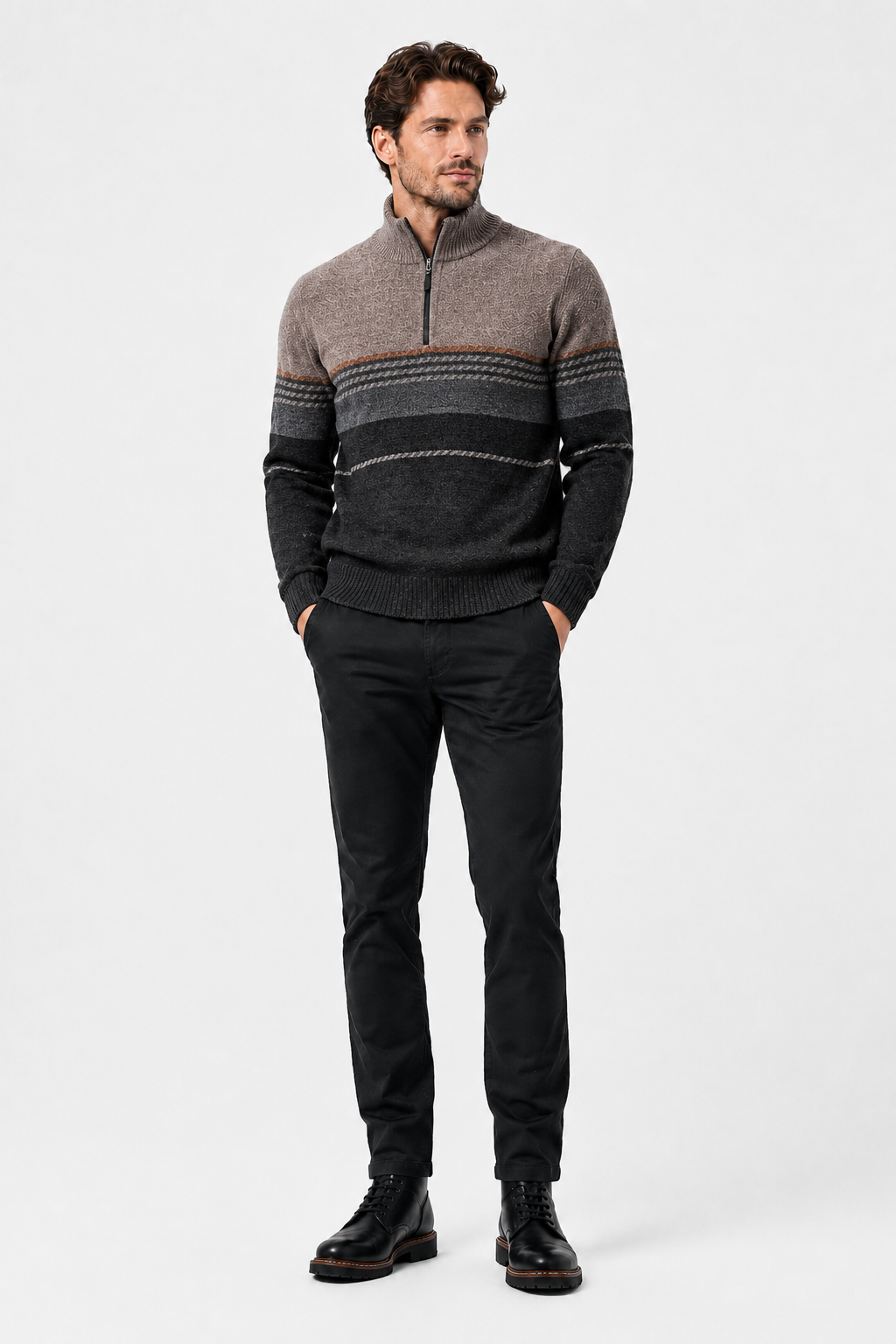 Eluneth | Pull en Maille Jacquard Demi-Zip à Manches Longues pour Homme
