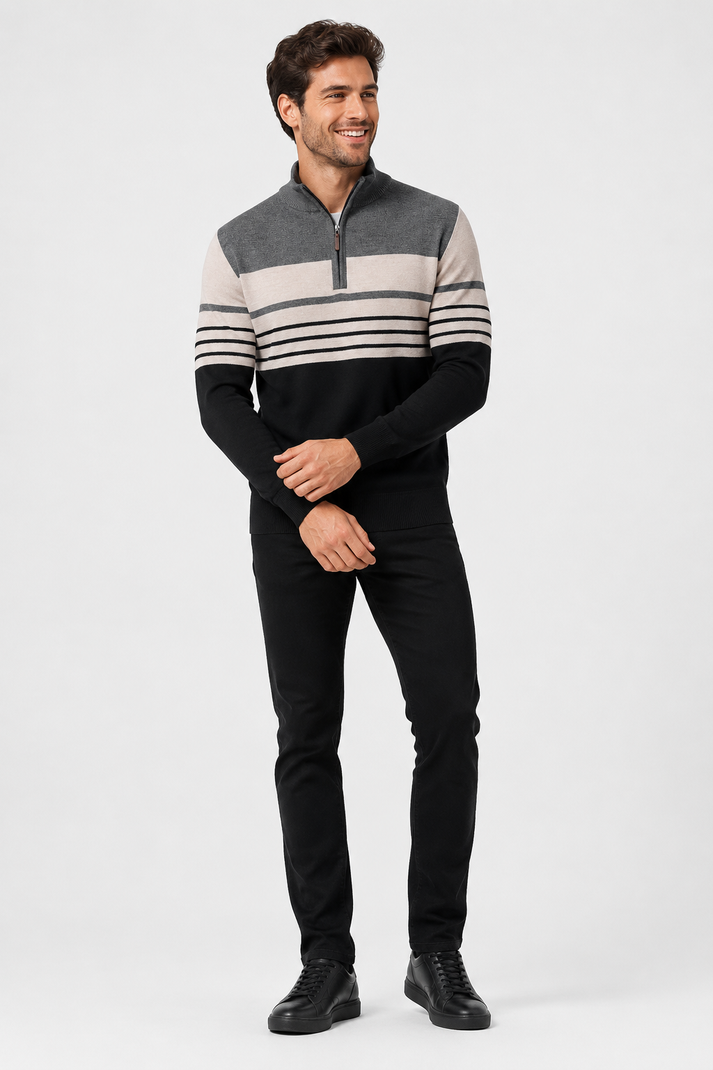 Eluneth | Pull Polo Homme Rayé à Col Zippé