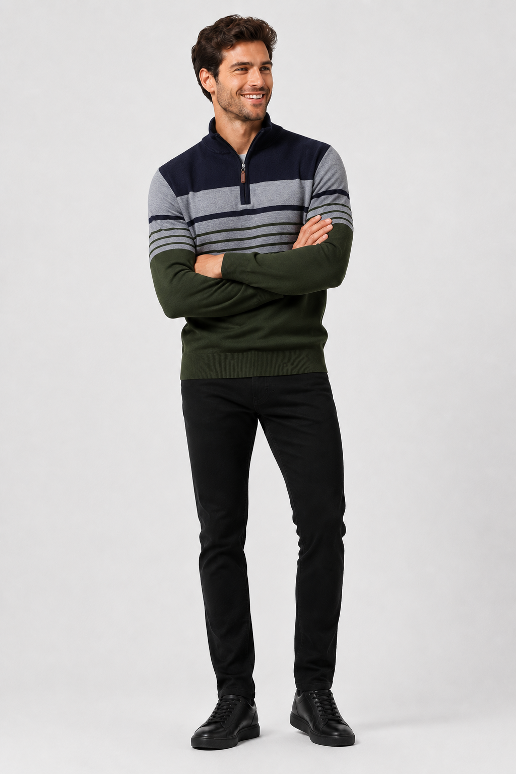 Eluneth | Pull Polo Homme Rayé à Col Zippé