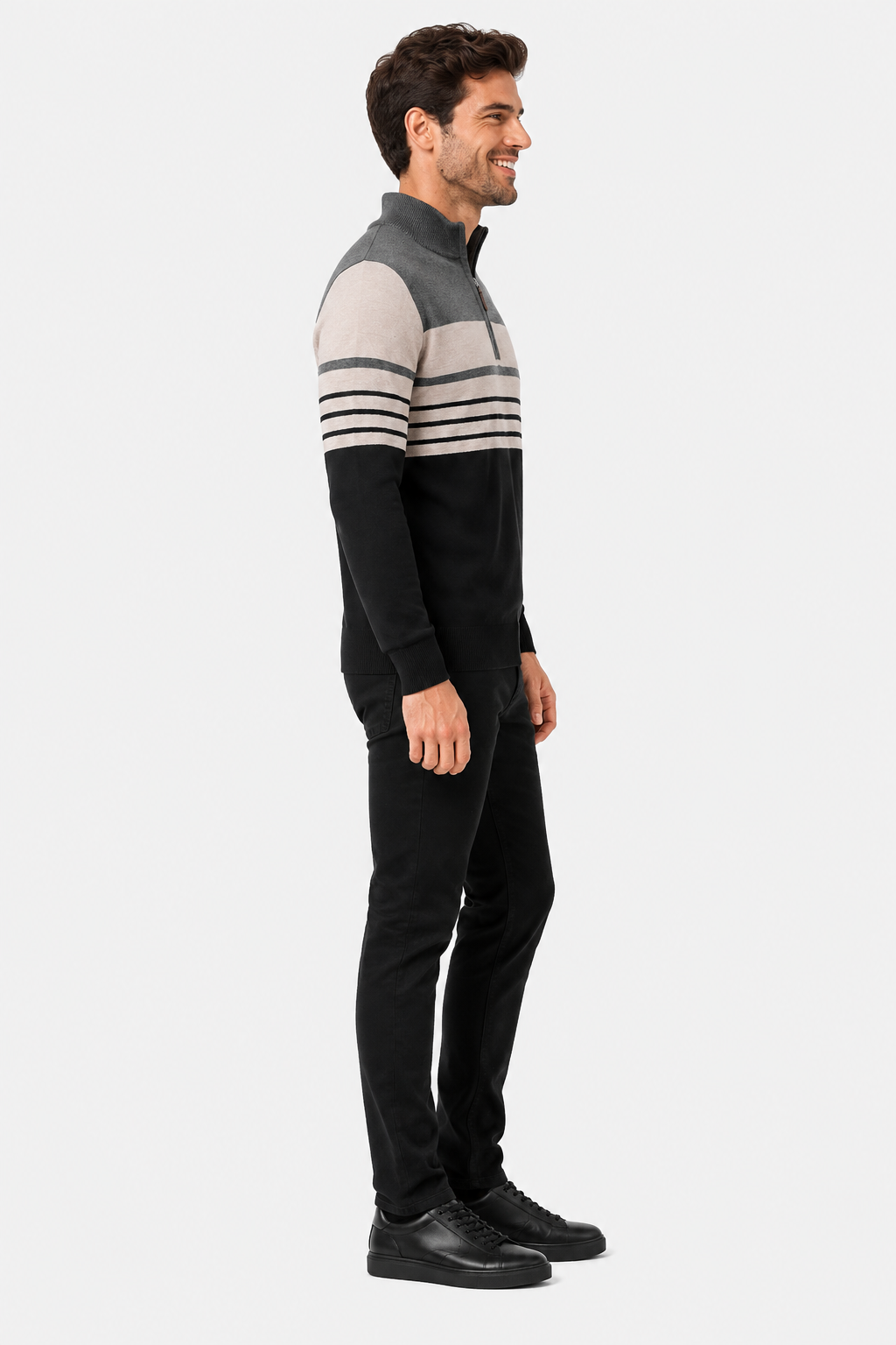 Eluneth | Pull Polo Homme Rayé à Col Zippé