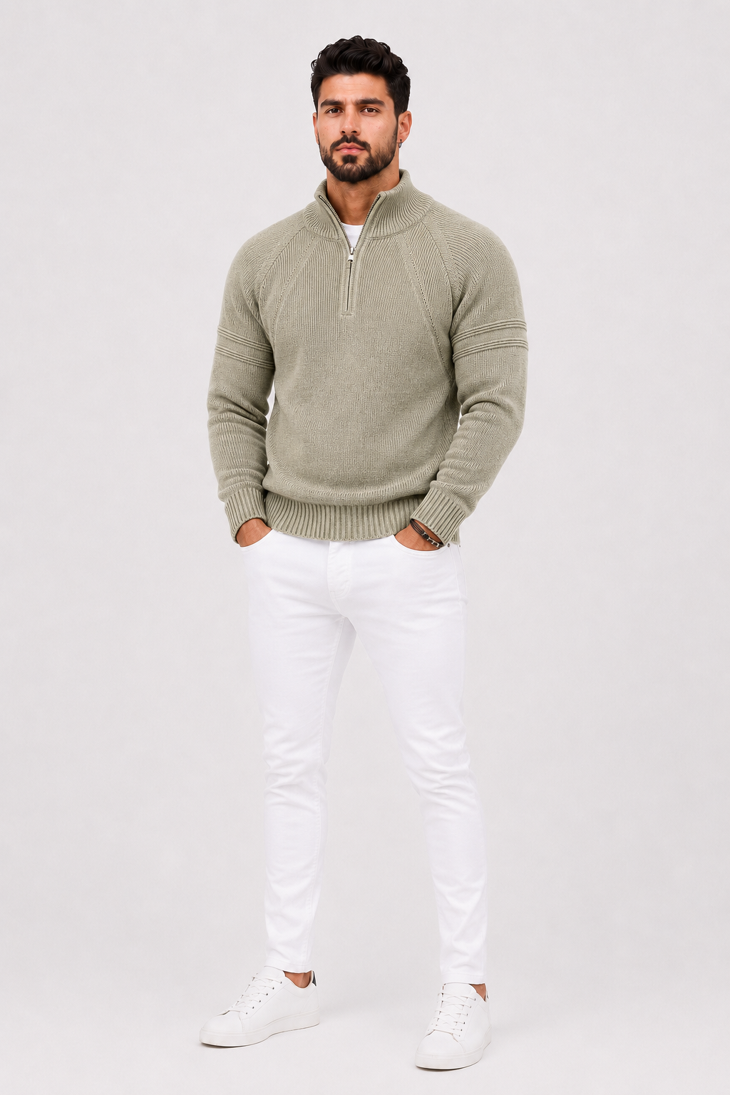 Eluneth | Pull ajusté à col zippé et finitions côtelées texturées pour homme