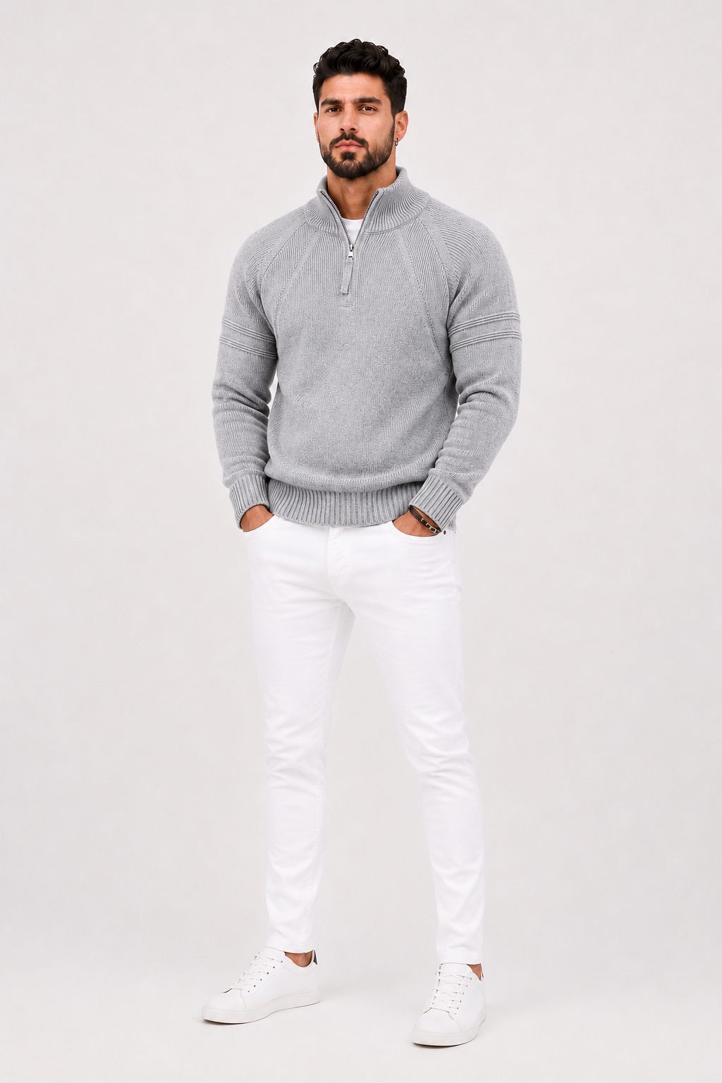 Eluneth | Pull ajusté à col zippé et finitions côtelées texturées pour homme