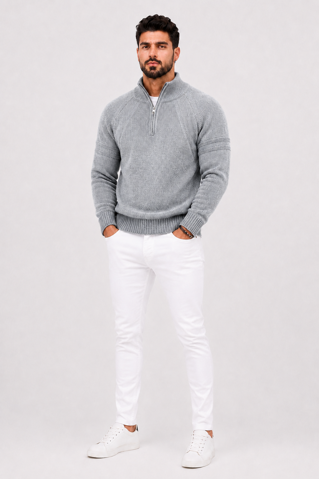 Eluneth | Pull ajusté à col zippé et finitions côtelées texturées pour homme
