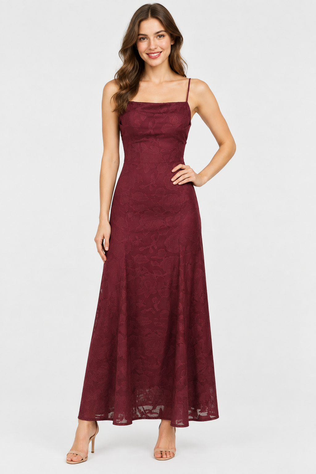 Eluneth | Robe Longue Femme en Dentelle Florale avec Col Carré